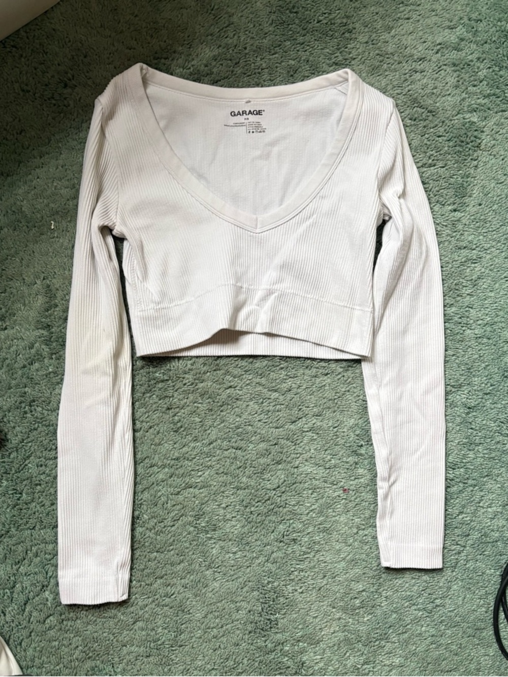 Garage White Ribbed V-Neck Cropped Long Sleeve Tee